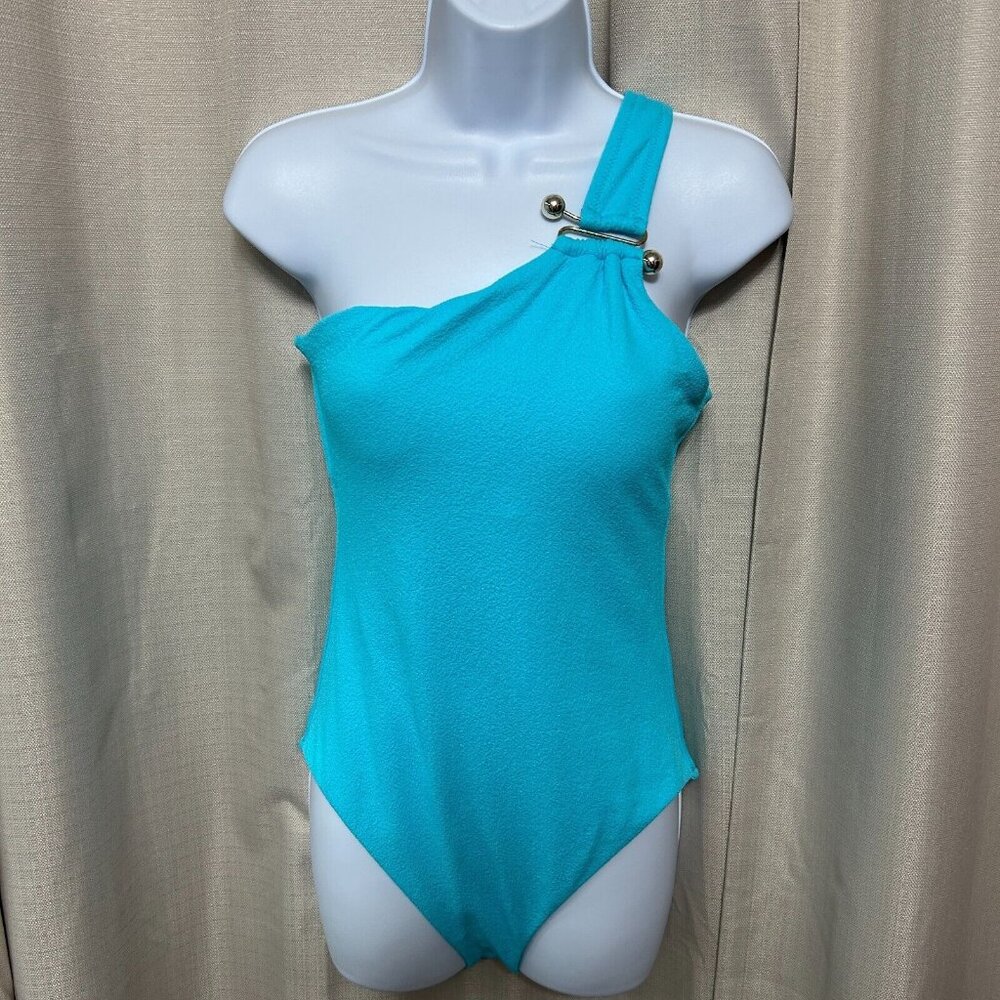 Trina Turk Coco S-Wire One Shoulder 1 Piece Swimsuit Women's Sz 8 Blue Pearl NWT